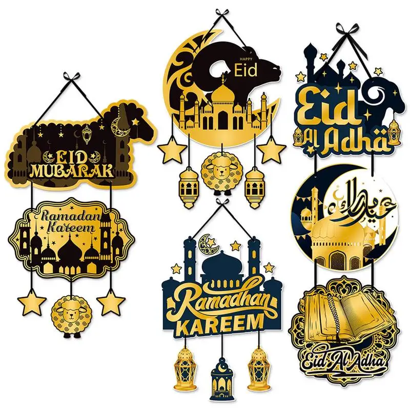 3pcs Eid Ramadan Hollowed Moon Wooden Pendants Signs Ramadan Kareem Porch Hanging Ornaments For 2024 Eid Hanging Decoration