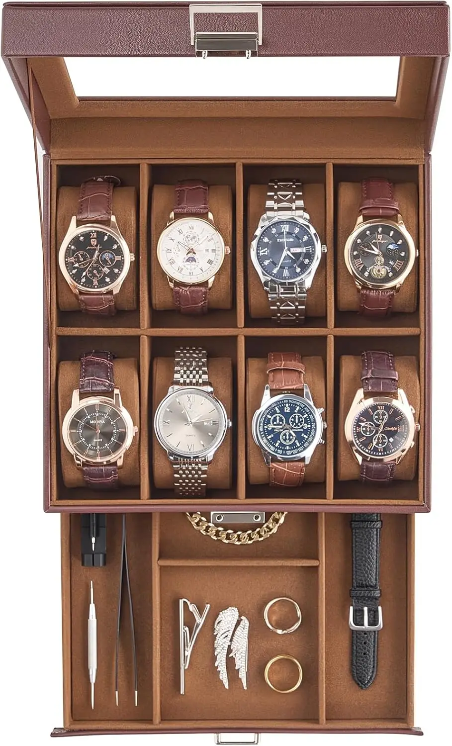 

8-Slot Men's Watch Box with Glass Lid, 2-Layer Display Organizer, Drawer Jewelry Box, Espresso – Gift for Men & Women