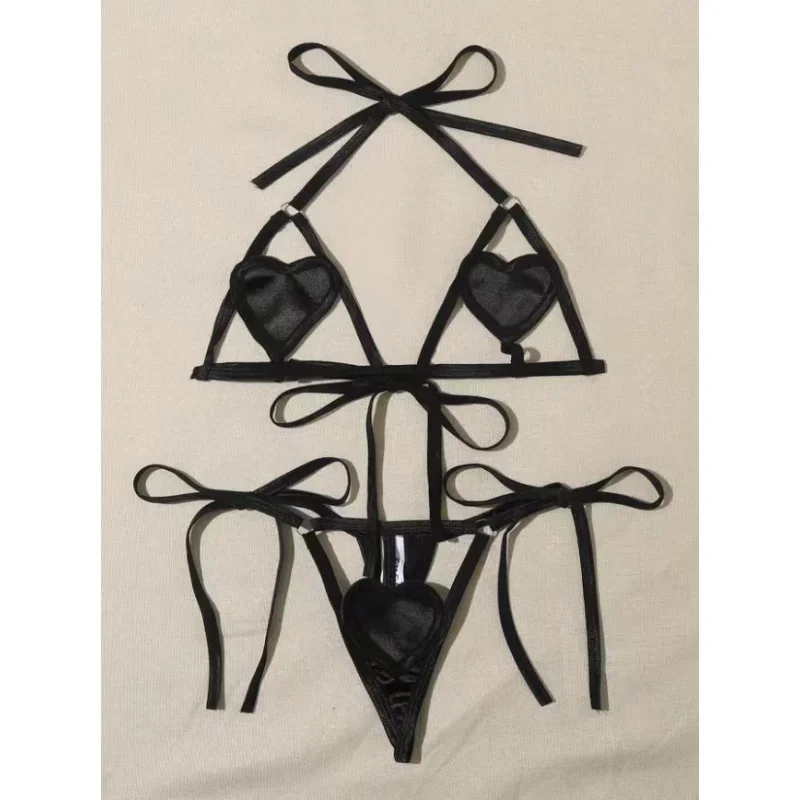 

Sexy Underwear Female Hollowed Out Heart Three-point Bikini Set Temptation Women Hot Lace Not Transparent Lingerie Cute Costume