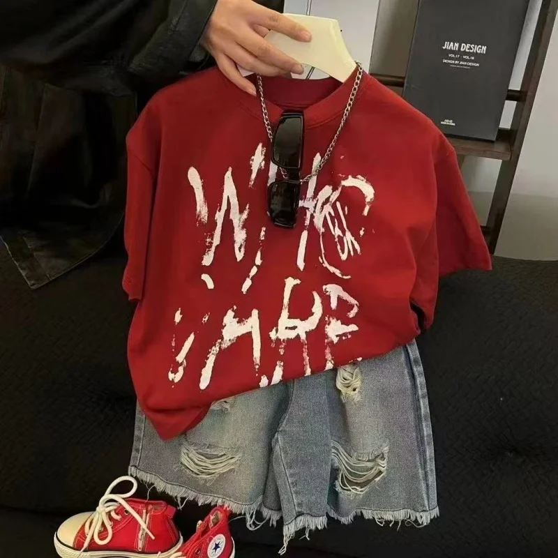 Summer New Children's Graffiti Versatile Round Neck Short Sleeved T-shirt+ripped Denim Shorts 2-piece Set Boys' Set