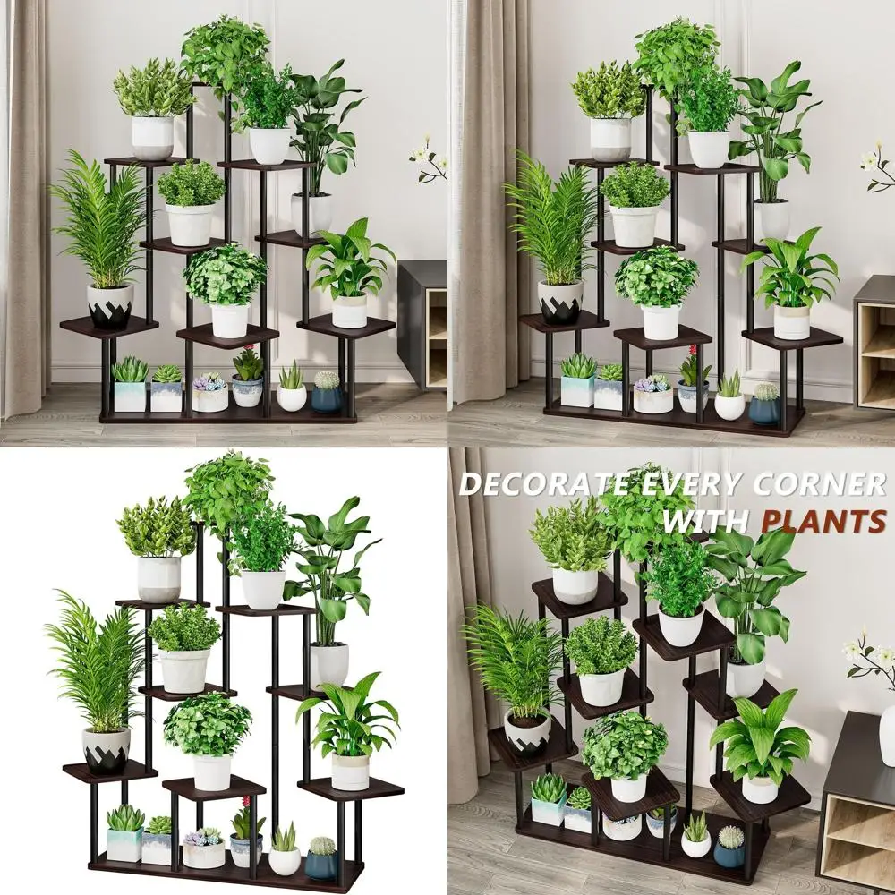 

9-Tier Indoor Metal Plant Stand for Multiple Plants, Ideal for Living Room, Balcony, or Bedroom in Black Oak Finish