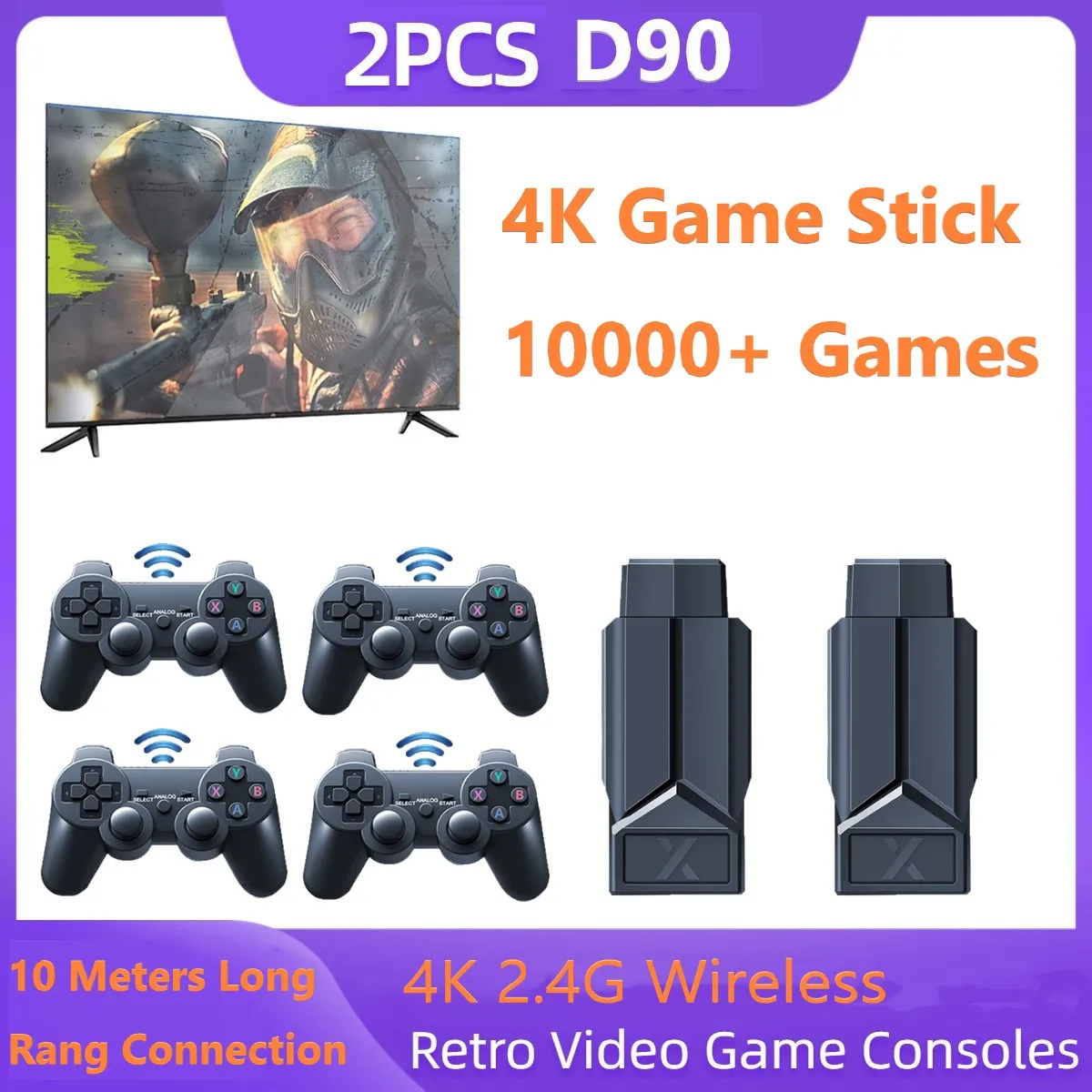 

2Units D90 New 4K Game Stick 15000Games D90 Retro Video Game Console 64G HD Output 2.4G Wireless Controllers PS1 ATARI Kids Gift