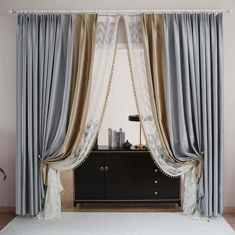 

Luxury Curtains for Living Room Bedroom High-end Imitation Cotton Windows Backdrop Curtain Modern Tulle Simple Gold Gray