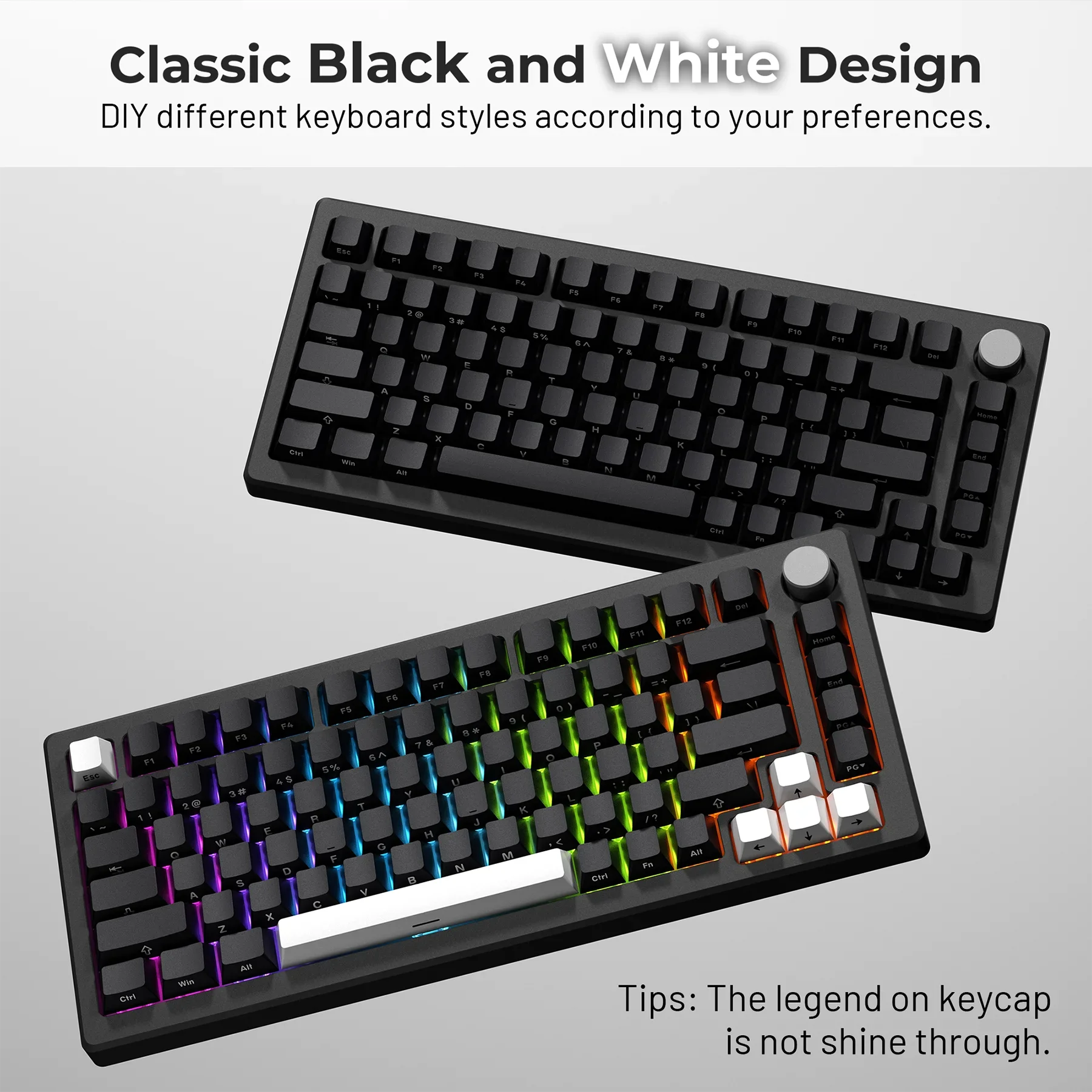 Black and white side engraving opaque, two-color PBT material original height office e-sports column keycap