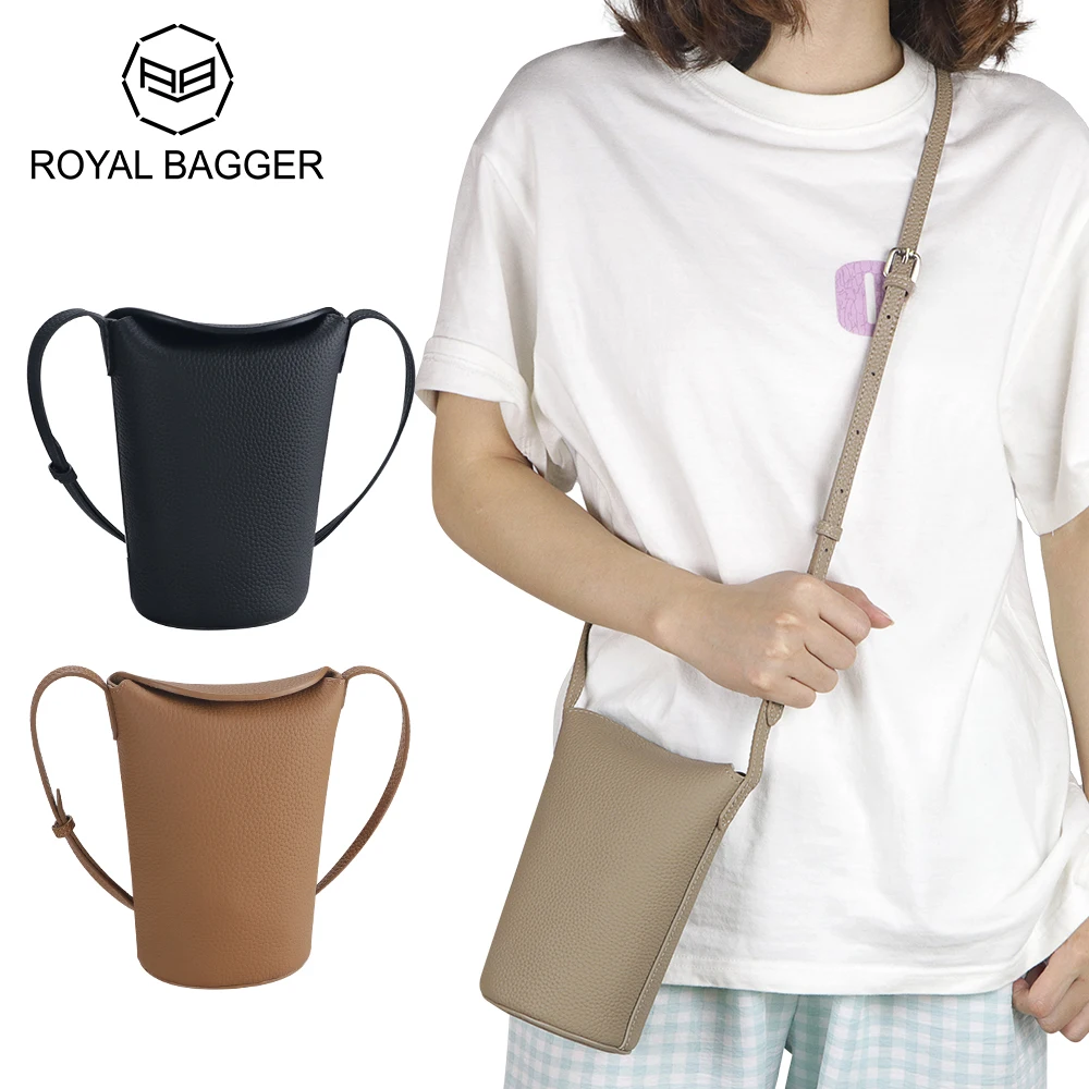 

Royal Bagger Solid Color Shoulder Crossbody Bags Genuine Leather Mobile Phone Purse Fashion Simple Bucket Bag for Women 3204