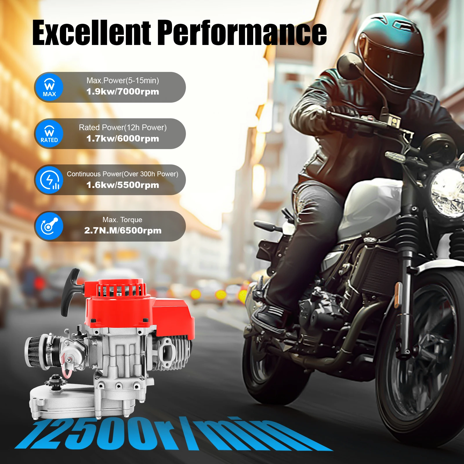 

49cc Air-Cooled 1PE44F-6 Gas Engine,1.7kW Power,Precision Turned Aluminum,Low Fuel Consumption,Easy Start,For Mini Dirt Bikes