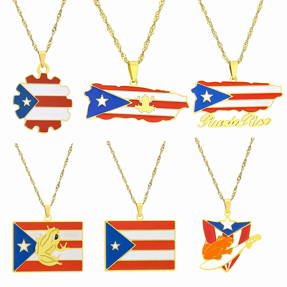 Fashion Stainless Steel US Puerto Rico Map Flag Pendant Necklace for Men Women Gold Silver Color Maps Jewelry Gift