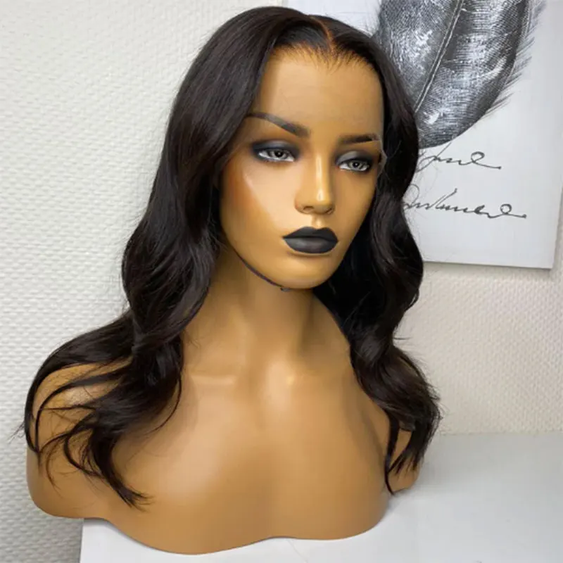 Preto curto onda solta peruca de cabelo sintético perucas dianteiras do laço alta qualidade fibra resistente ao calor parte do meio do cabelo para cosplay feminino