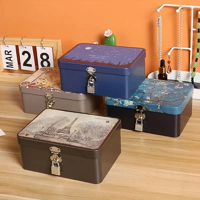 

Large-Capacity Lockable Vintage Tin Box Tin-Plated Craftsmanship Jewelry Storage Desktop Organizer