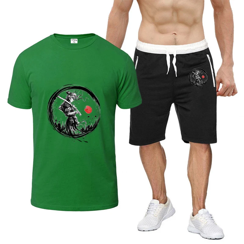 

Japanese Samurai Graphic 2025 Summer Men's Thin T-shirt+Sports Pants Breathable Thin Set New Nine-color Short-sleeved Suit