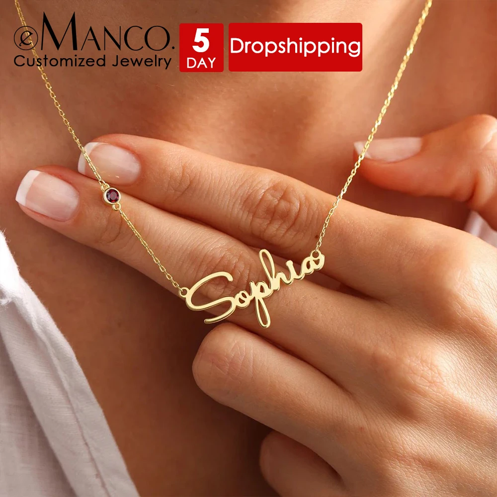 EMANCO DIY Birthstone Customized Fashion Stainless Steel Name Necklace Personalized Letter Choker Necklace Pendant Nameplate Gi