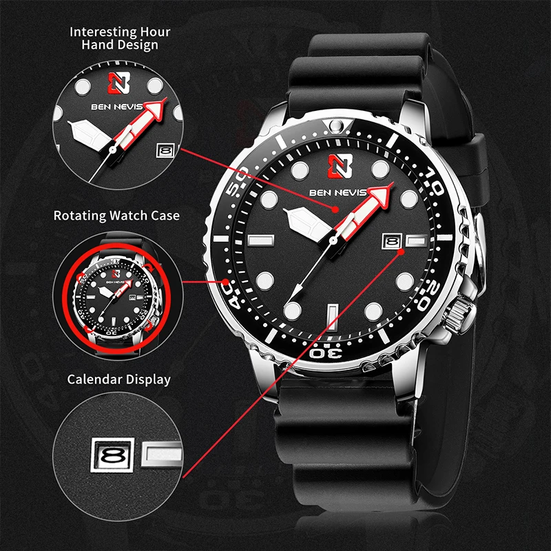 BEN NEVIS orologi da uomo 30M movimento al quarzo impermeabile Luxury Black Diving Water Ghost Style orologio da polso