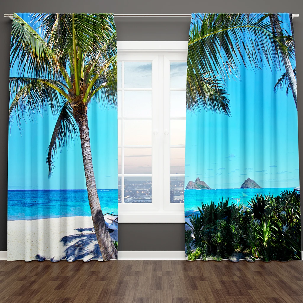 

Modern Palm Beach Scenery Natural Landscape Seaside 2 Pieces Free Thin Window Drapes Curtain for Bedroom Living Room Home Decor