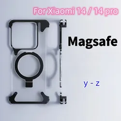 Aluminum Alloy Metal Magnetic Frameless Phone Case Magsafe Bumper with Stand For Xiaomi 14 Xiaomi 14 Pro Frameless Phone Case