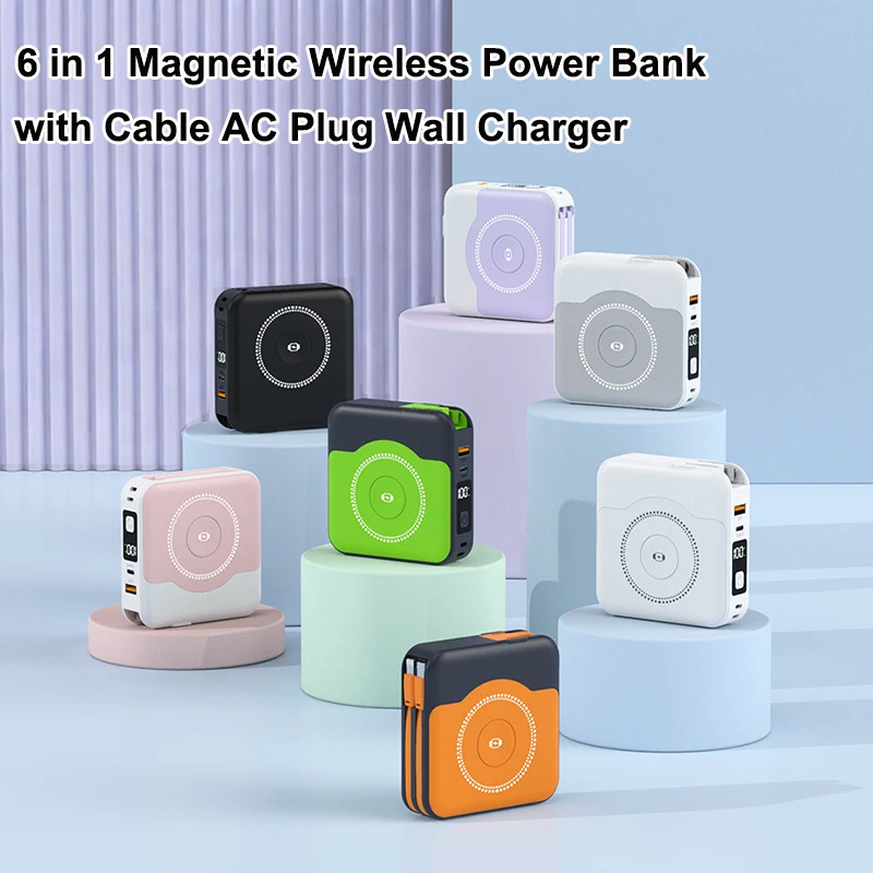 

Магнитный беспроводной внешний аккумулятор 6-в-1 с быстрой зарядкой 22.5W для iPhone 17, iWatch, Airpods, дорожное зарядное устройство с сетевой вилкой