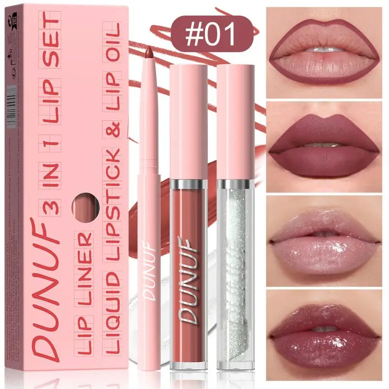 New 1Set 3-in-1 Matte Makeup Lip Set - Lip Gloss Glitter Lipliner Pen Waterproof Long-Lasting Universal Shades Perfect Gift
