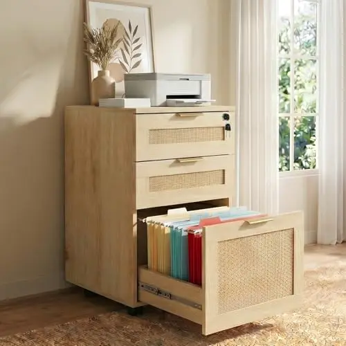 3 Drawer File Cabinet with Lock, Small Rattan | Filing Cabinets with Wheels, Wood Rolling Office Storage for Under Desk