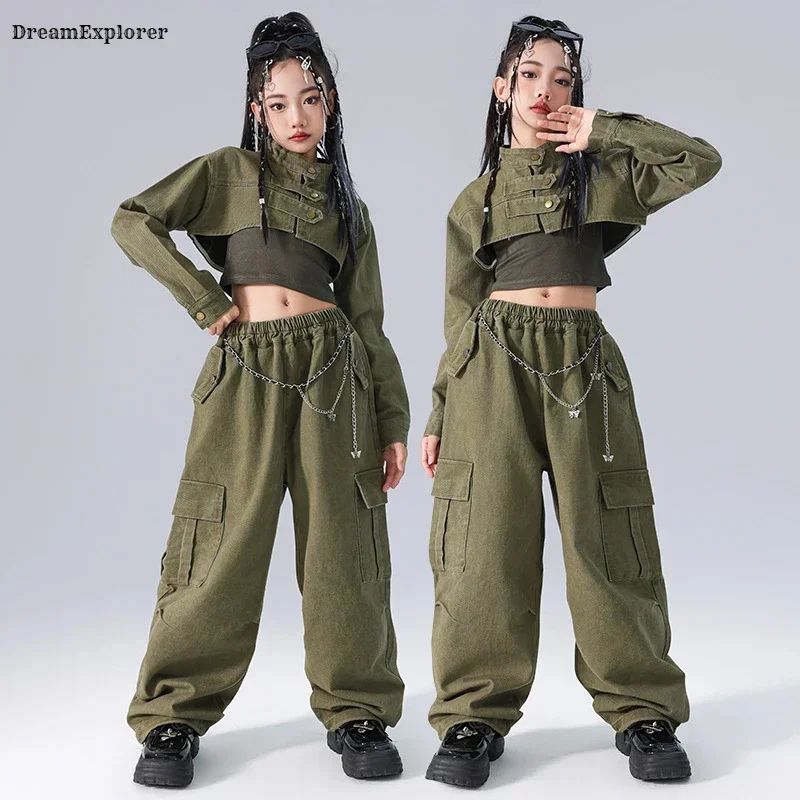 Girls Hip Hop Retro Crop Jacket Loose Cargo Pants Kids K-pop Top Street Dance Clothes Sets Children Teens Cool Ethnic Costumes