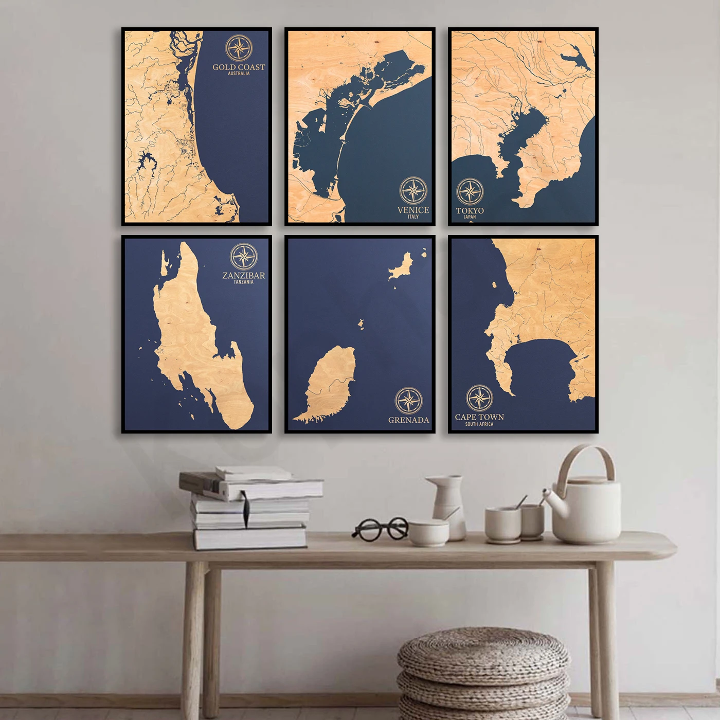 Cape Town, Grenada, Zanzibar, Venice, Compota, Brisbane, Sydney, Tokyo, Andaman Islands, Gold Coast. City Navigation Map Poster