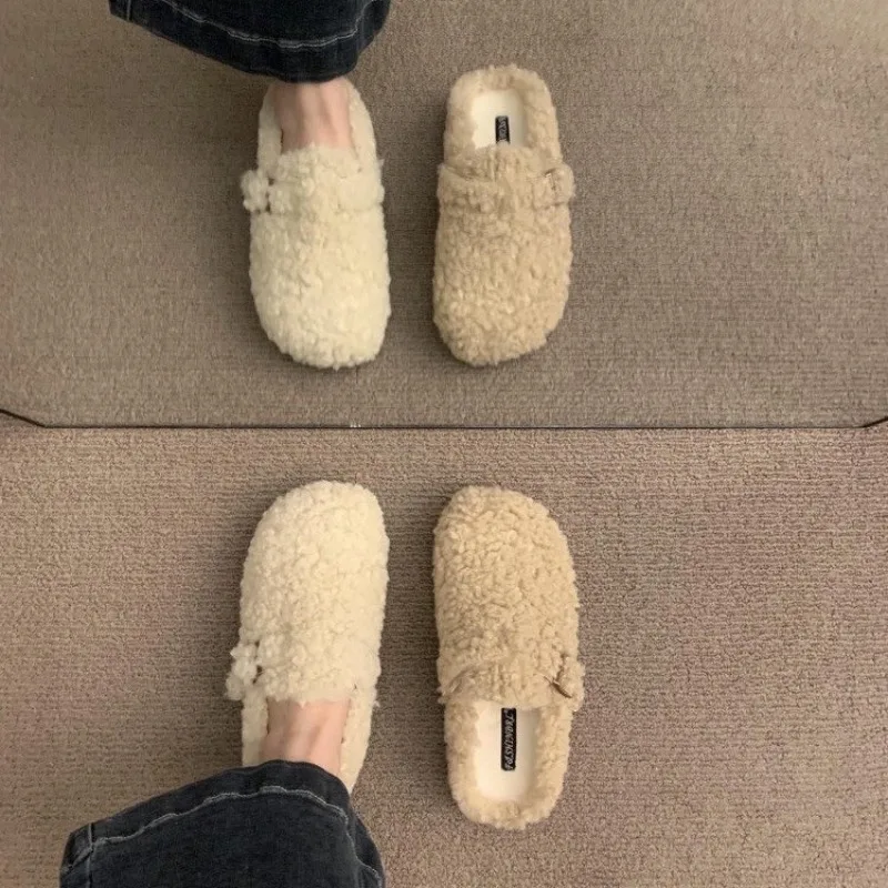 Fur Boston Clogs for Women Winter Fashion Cork Insole Warm Plush Slippers Shoes with Arch Support Cozy Home Furry Suede Mules