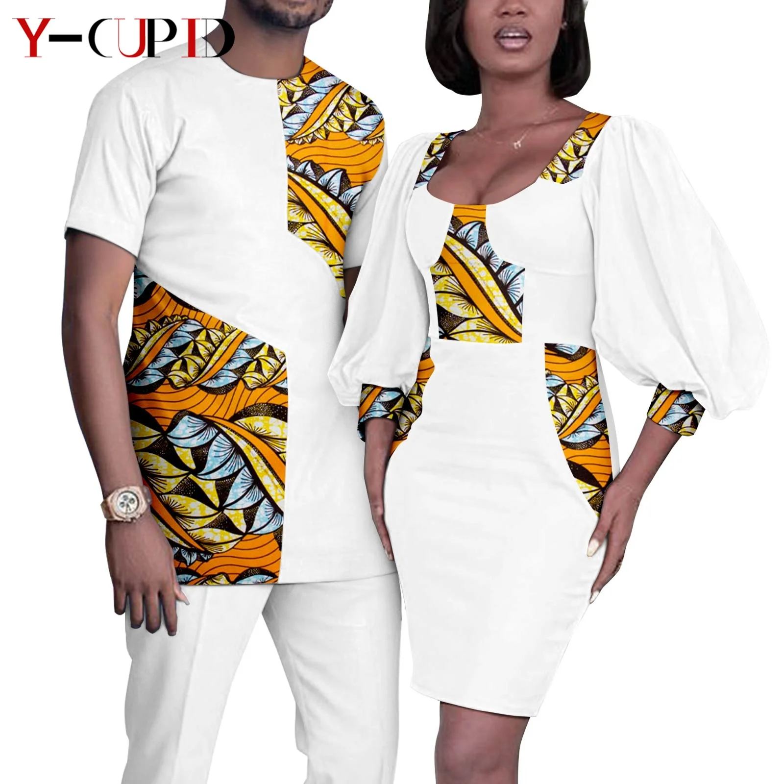 African baya Hip Dresses for Women Lantern Sleeve Vestios Matching Men Outfits Pant Sets Dashiki Summer Couple Clothes Y23C014