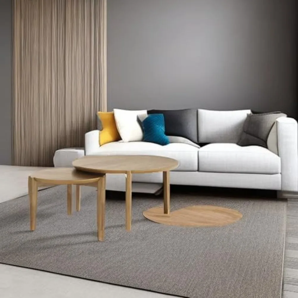 Kendall Round Modern Nesting Coffee Set Of 2, Stacking Living Room Accent Tables, Light Brown