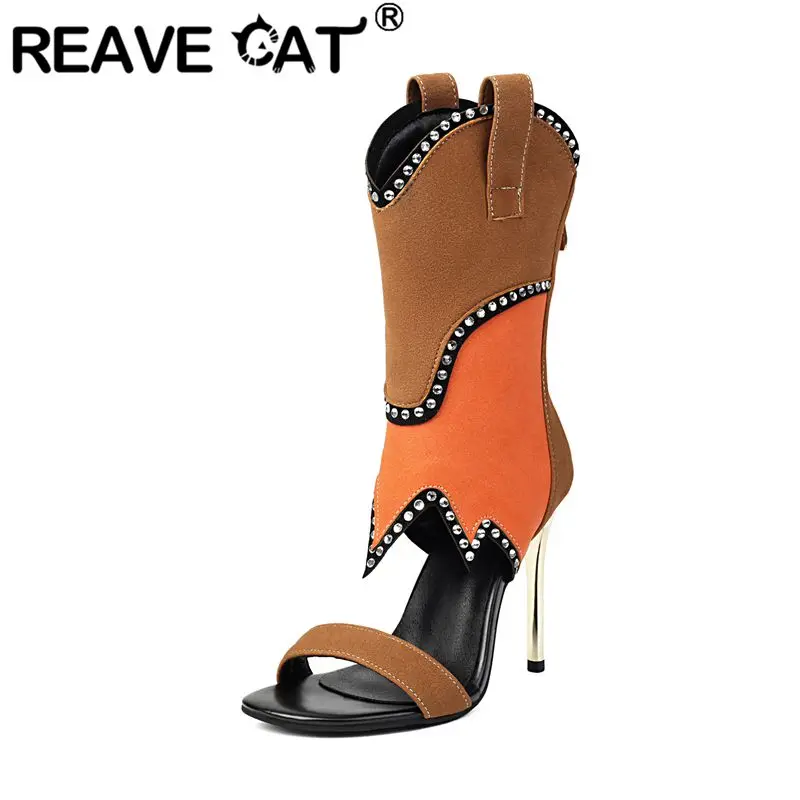 

REAVE CAT Orange Flock Suede Women Sandals Open Toe 11cm Stiletto Heel Mixed Color Zipper Crystal Big Size 44 45 46 Dating Shoes