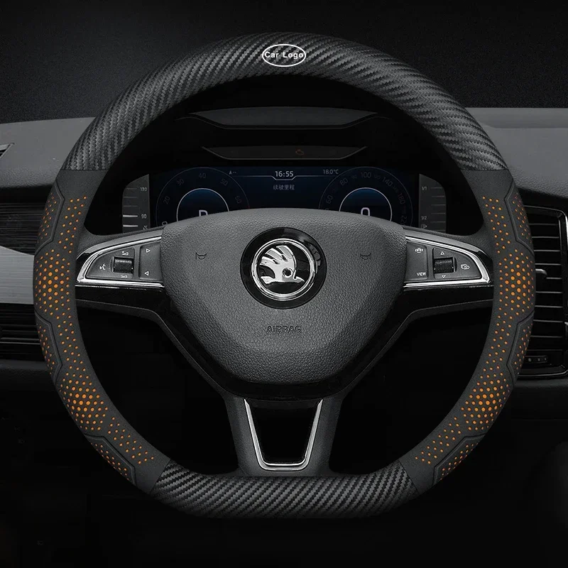 Car Carbon fiber Suede Leather Car Steering Wheel Cover  For Skoda Octavia Kamiq Fabia Superb Yeti Kodiaq Karoq Scala VRS Rapid