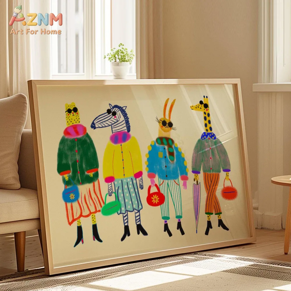 AZNM Frameless Canvas Wall Art, Fashion Anthropomorphic Leopard Zebra Giraffe Cat In Outfits Colorful Cartoon Animal Print Moder