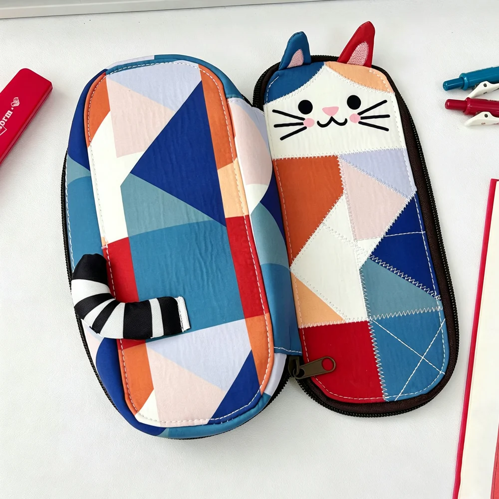 Cat Shape Splicing Pencil Case, 3D Cat Outline Design, Portable Stylish Unisex Storage Bag, Travel Wash Bag