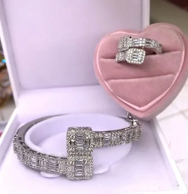 NEW fashion Iced Out Bling Women Jewelry Geometric Square CZ Cluster Bangle Ring Set 5A Cubic Zirconia Jewelry Drop Shipping