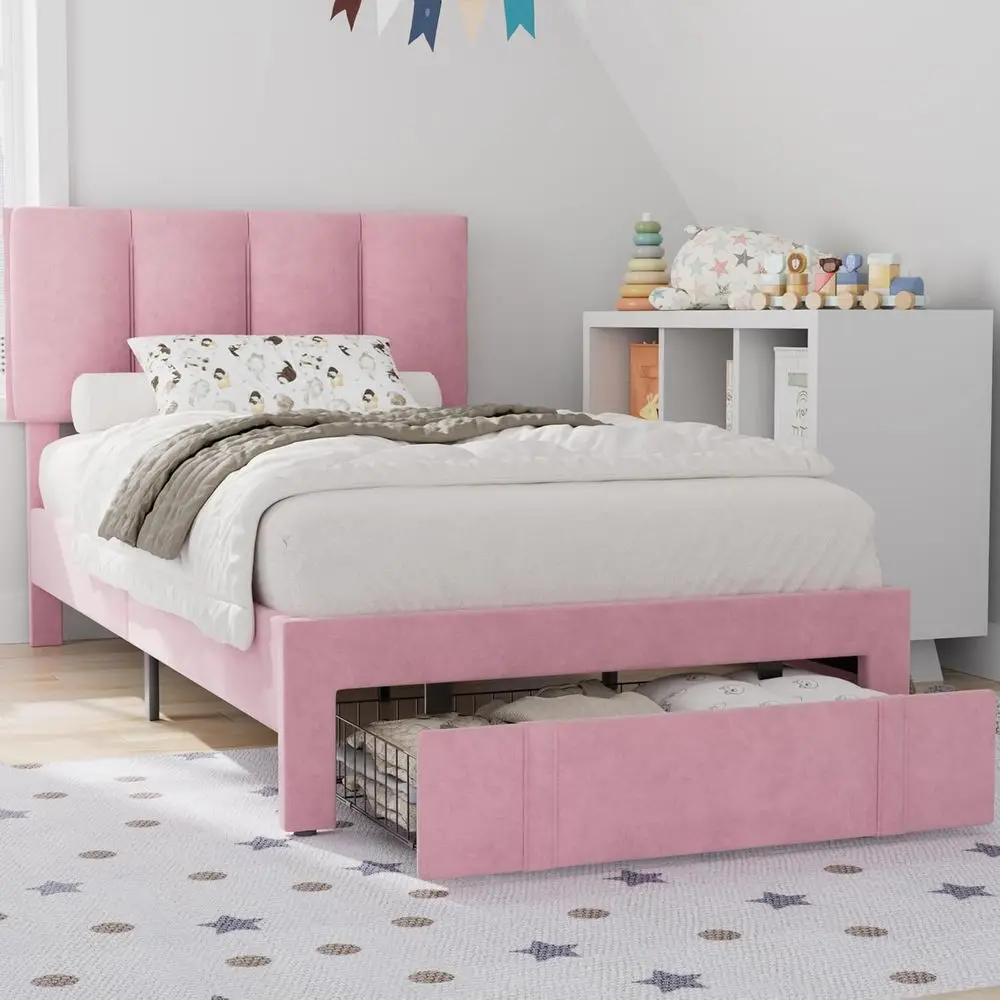 

Кровать VECELO Twin Size с ящиком для хранения, усиленная конструкция с деревянными ламелями и стальным каркасом, не требует пружинного блока, Pi