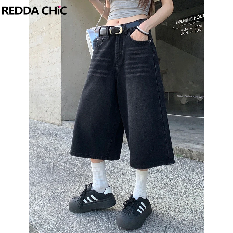 

ReddaChic 90s Retro Black Baggy Jorts Women Summer Whiskers Low Waist Solid Wide Leg Denim Shorts Casual Pants Grunge Streetwear