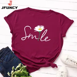 JFUNCY Women's T-shirt Female Short Sleeve Cotton Tee Women Tops Smile Graphic T Shirts 2023 Woman Tshirt Summer Clothing