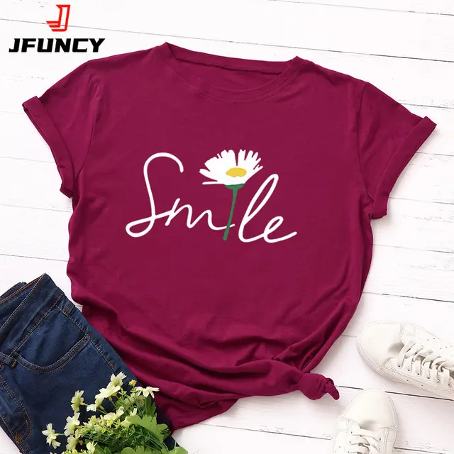JFUNCY damska koszulka damska z krótkim rękawem bawełniana koszulka damska topy Smile Graphic t-shirty 2023 koszulka damska letnia odzież