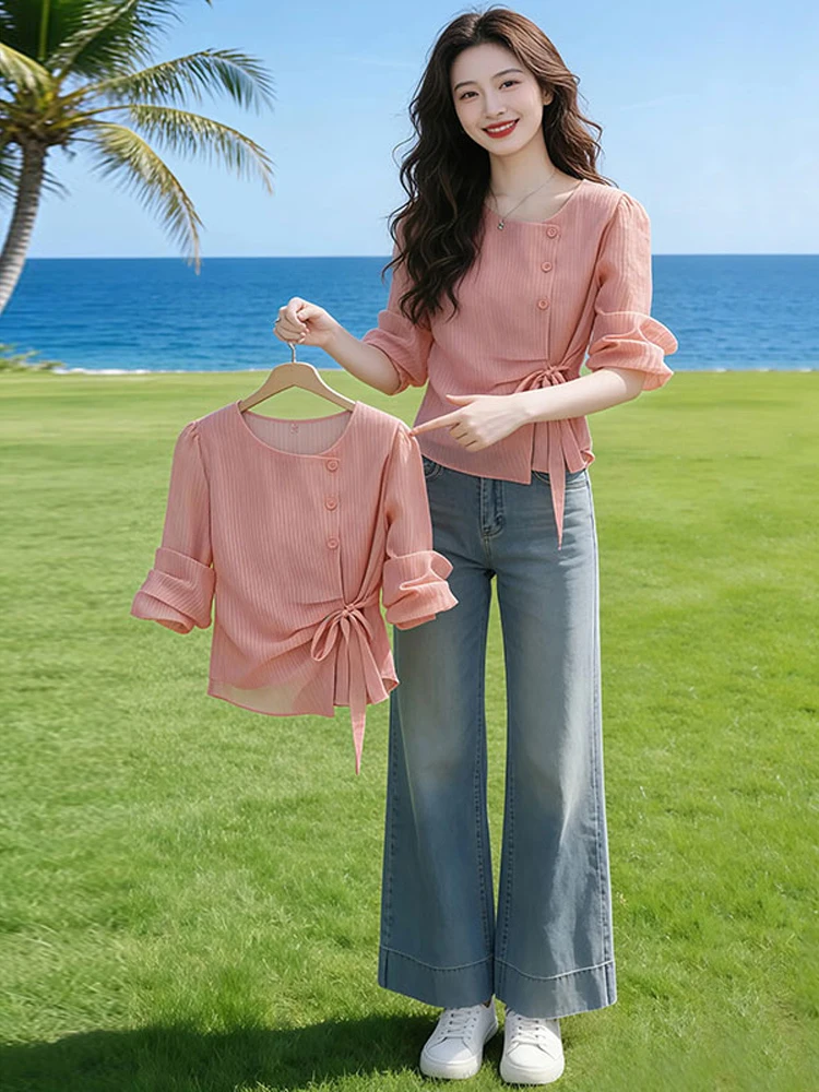 

Elegant Knot Long Sleeve Shirt Women's Spring Autumn New Style plus Size Beautiful Top Casual Loose Fit round Neck