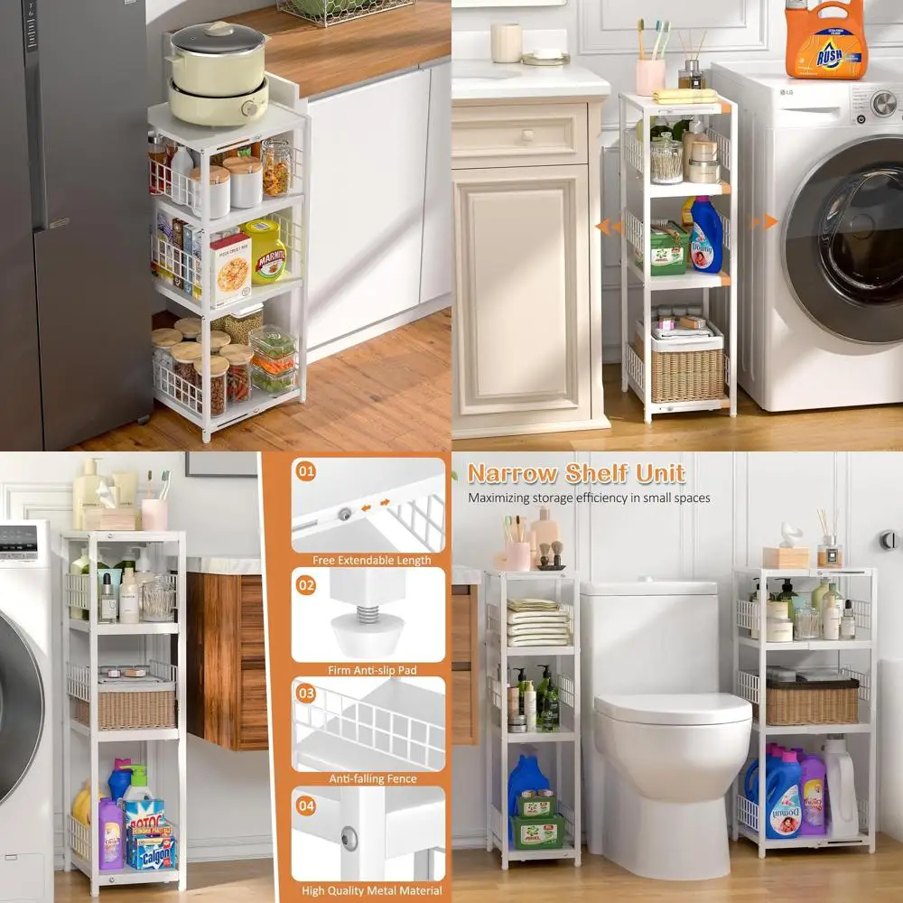 

Expandable 4-Tier Metal Shelving Unit for Slim Spaces: Ideal for Bathroom, Laundry, Kitchen Storage in White