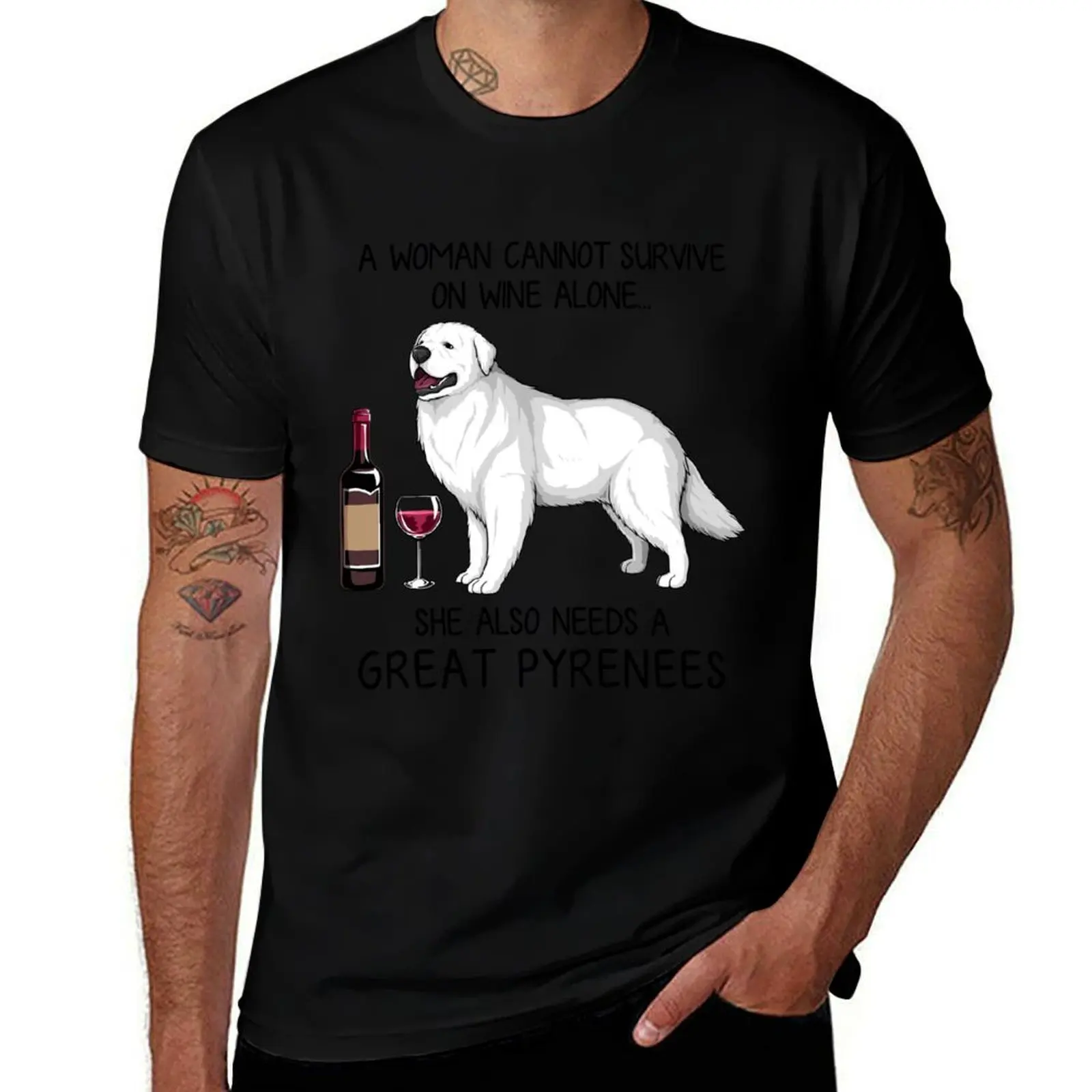 Great Pyrenees and wine Funny gift for dog mom T-Shirt Christmas Casual Short Sleeve Top