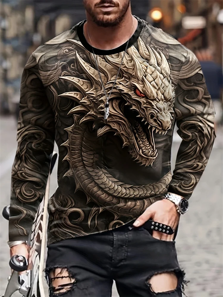 Autumn And Winter Daily Street Men Fashion Long-sleeved T-shirts Urban Casual Long-sleeved Tops 3D Dragon Print Men's Clothing