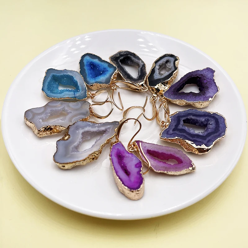 Irregular Geode Agate Slices Drop Earrings for Women Girls Dyed Color Natural Stone Reiki Healing Ear Jewelry