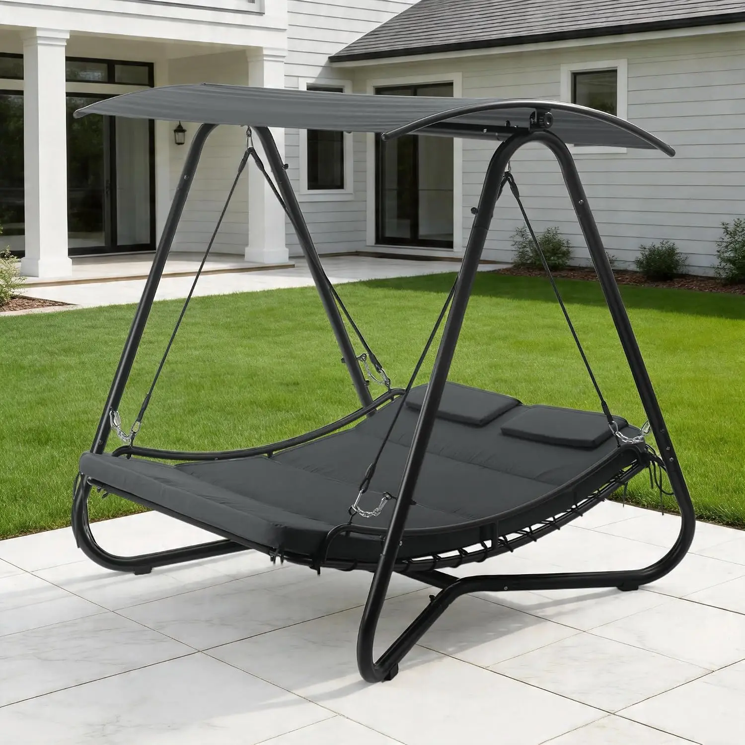 Outdoor Swing Bed with Canopy, 2-Person Outdoor Swing Bed | Heavy-Duty Steel Frame, Adjustable Sunshade, Customized