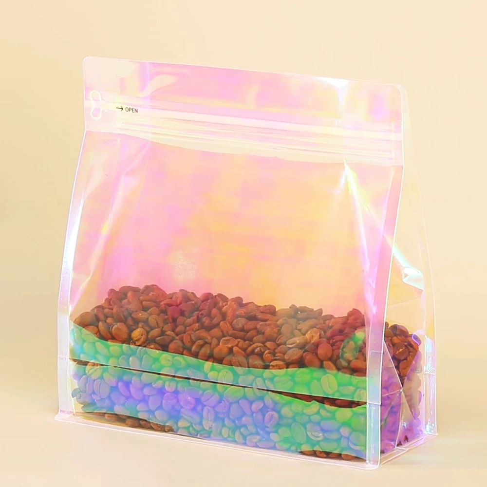 100pcs Pink Rainbow Laser Holographic Coffee Bean Bags 50g Square Bottom with Valve for Food Powder Packaging