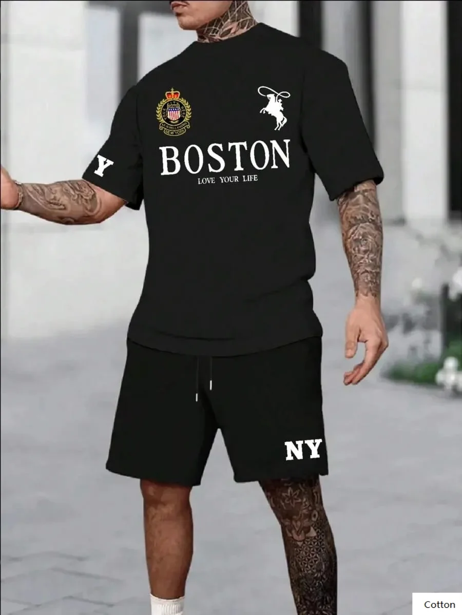 

Men's Cotton Printed T - Shirt with Boston and NY Elements Along with Unique Emblems Perfect for Urban Style Enthusiasts