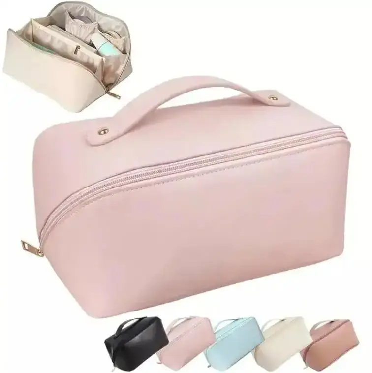 

High quality PU Leather Makeup Bag Waterproof Portable Cosmetic Bag Toiletry Bag for Skincare Cosmetics With Handle and Divider