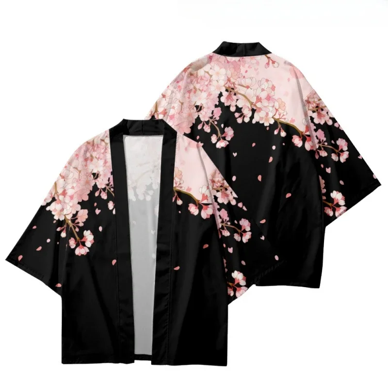 Quimono estampado com flores para homens e mulheres, camisa havaiana de praia, cardigã fashion, roupão de banho Sakura, Yukata Haori, verão