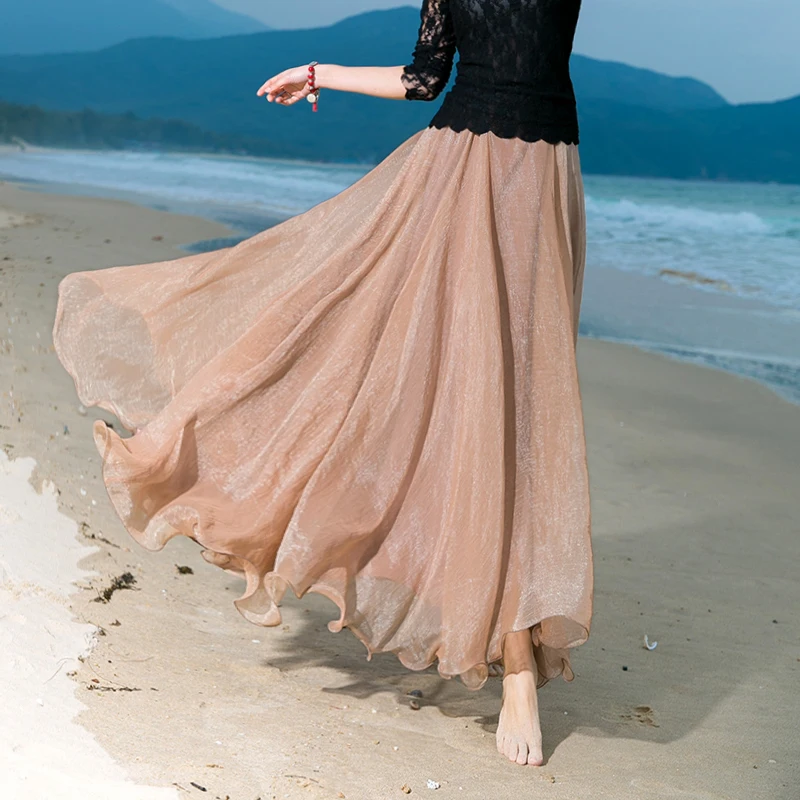 

Autumn Summer Long Skirt Pleated Long Maxi Skirts Womens Jupe Red Brown Pink Black Elegant High Waist Bling Adult Chiffon Skirt