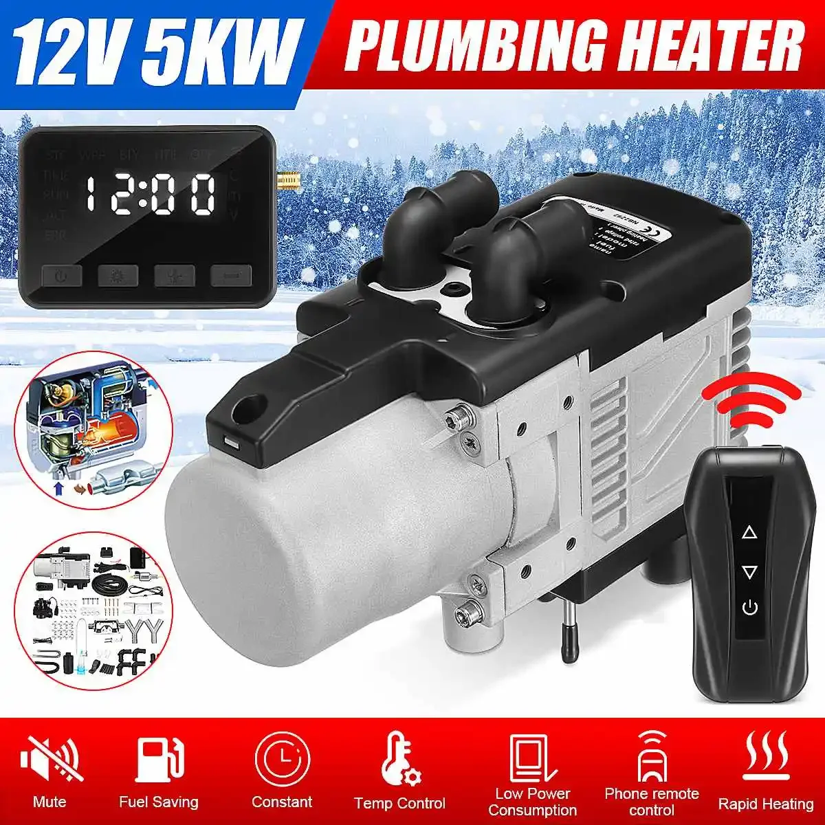 

NEW 12V 5KW Gasoline Air Heater Water Heater With Cellphone Remote Control LCD Switch Diesel Gasoline Universal for Cars Trucks