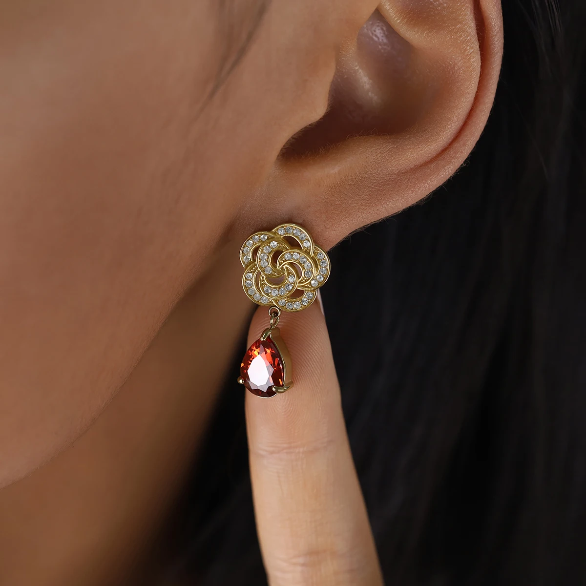

WILD & FREE Luxury Stainless Steel Dangle Earrings for Women Exquisite Chic Red Crystal Zircon 18K Gold Plated Trendy Jewelry