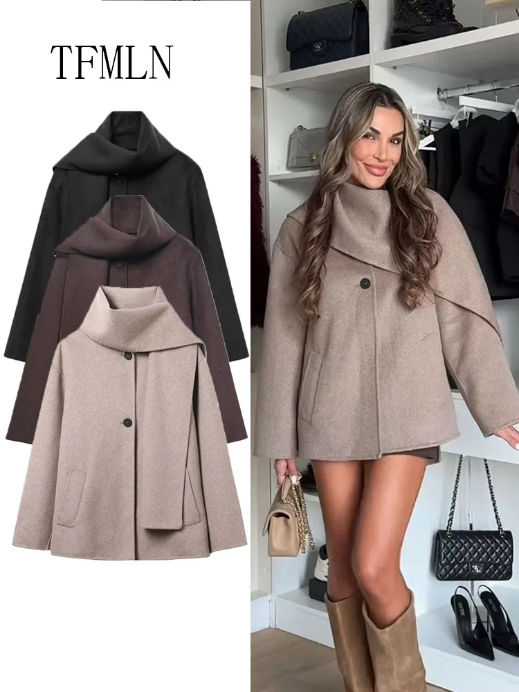 

TFMLN 2025 Autumn Winter Women Scarf Collar Oversize Coat Vintage Long Sleeve Causal Jacket Single Breasted High Street Outwear