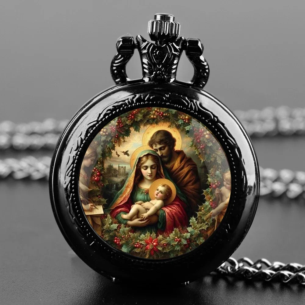 ساعة جيب كريستيان كاثوليكية عتيقة مريم العذراء بيبي يسوع بتصميم قبة زجاجية مع سلسلة متينة هدية للجنسين للرجال #1